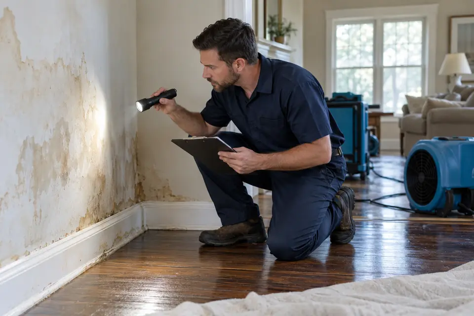 Illustrative image: Inspection of a water-damaged wall