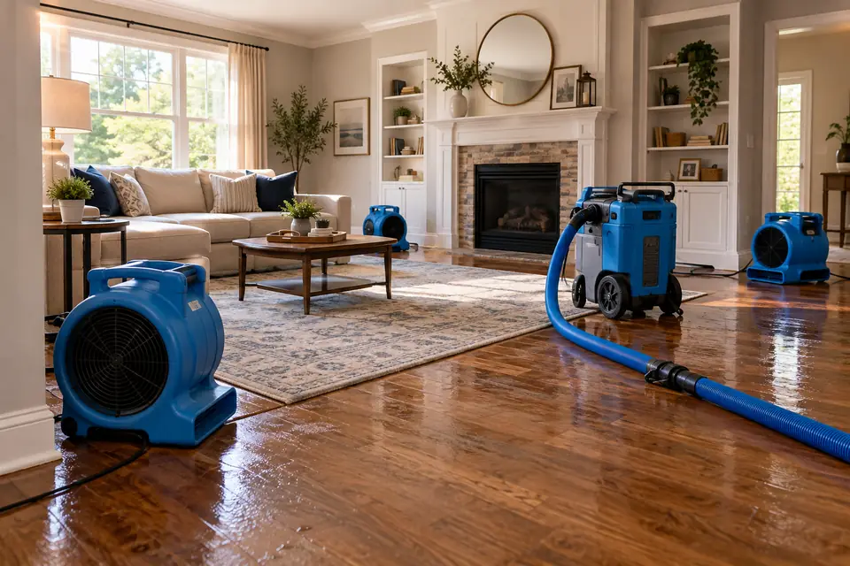 Illustrative image: Water restoration equipment in a living room