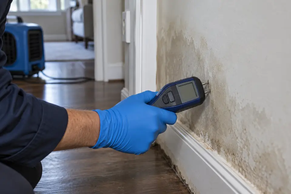 Illustrative image: Moisture meter checking a damp wall